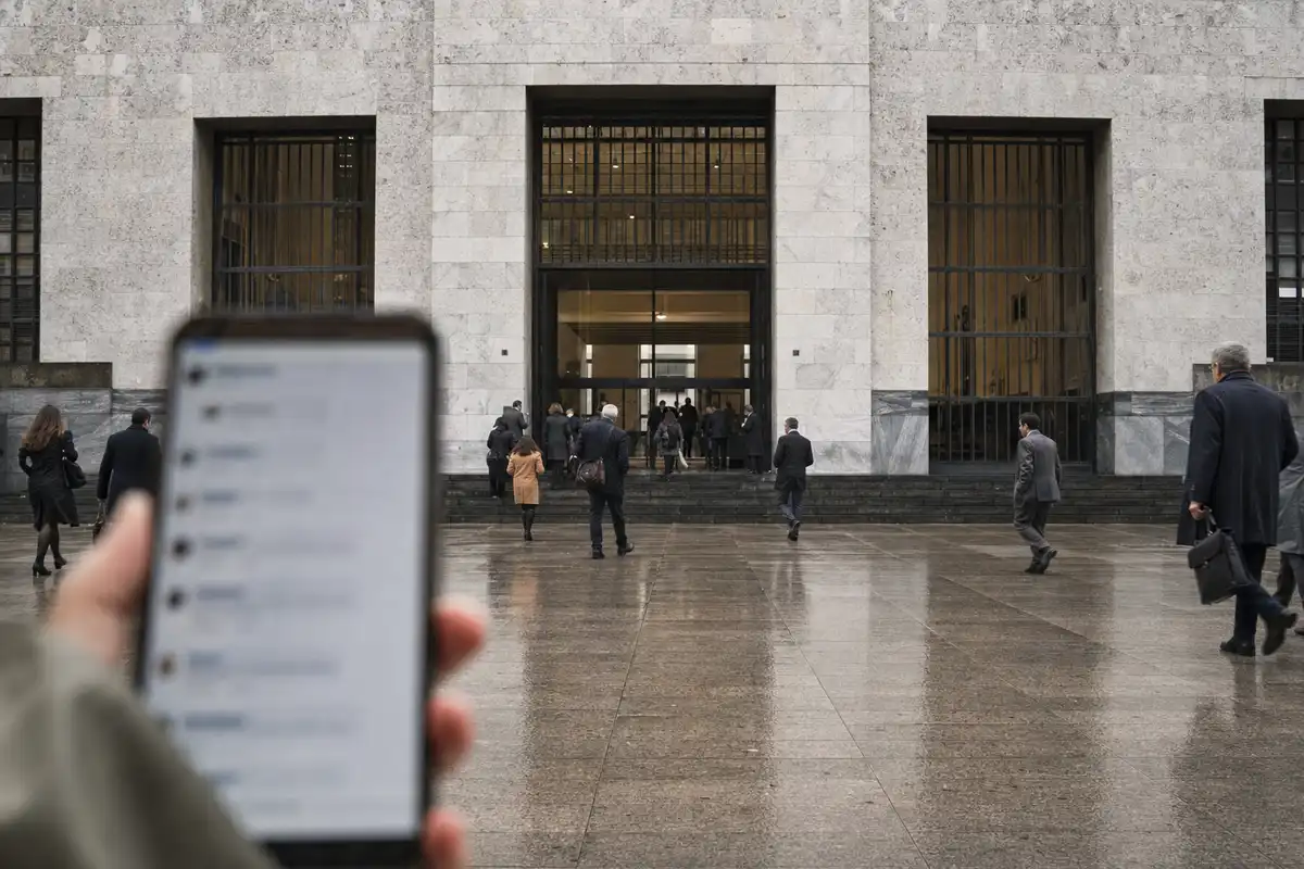 Smartphone sfocato in primo piano davanti all’ingresso di un tribunale, con persone che entrano e escono
