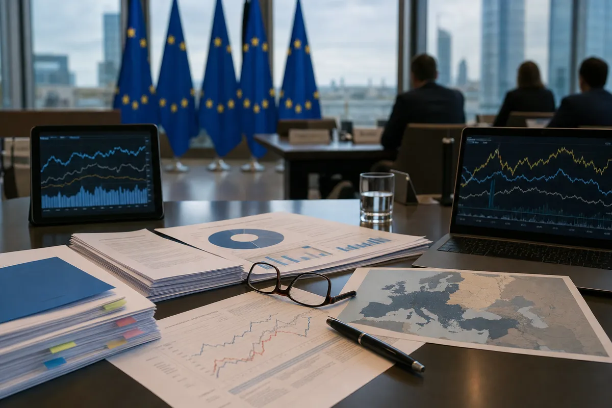 Tavolo di riunione con report economici, grafici su laptop e bandiere UE sullo sfondo
