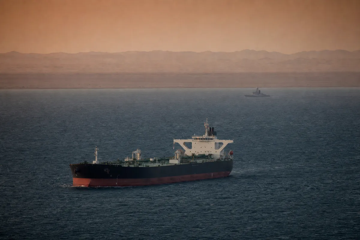 Petroliera in navigazione al tramonto con una nave militare all’orizzonte e costa desertica sullo sfondo