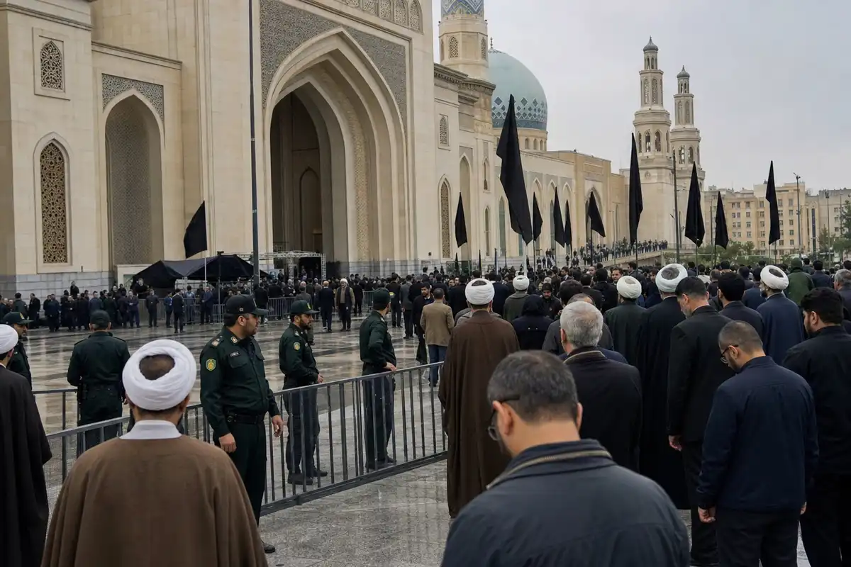 Folla in lutto davanti a una grande moschea, con bandiere nere e polizia dietro le transenne
