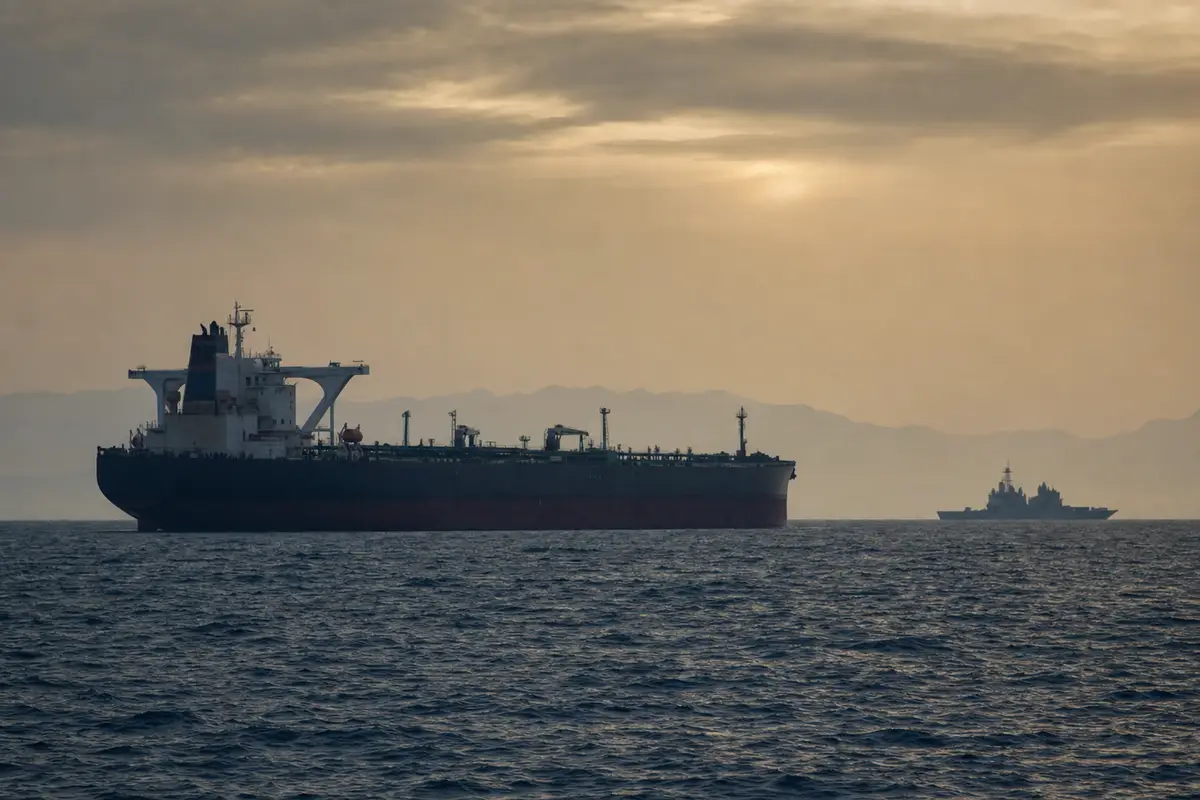 Petroliera in mare con nave militare all’orizzonte sotto cielo velato e coste lontane