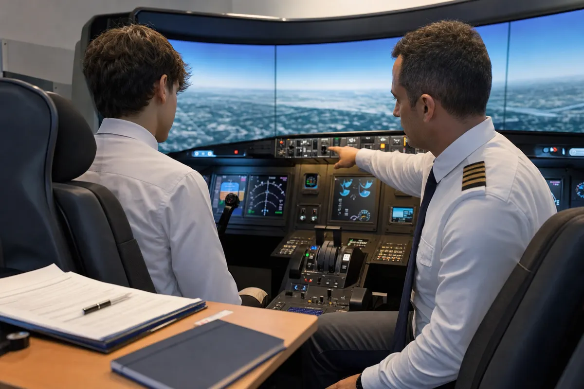 Allievo pilota e istruttore in uniforme davanti a un simulatore di volo con strumenti illuminati