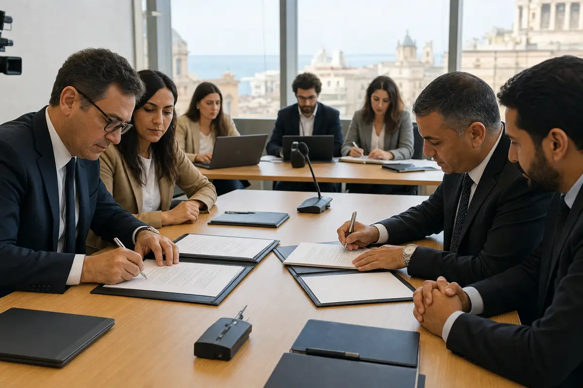 Delegazioni in abiti formali firmano documenti a un tavolo, con microfono e laptop in ufficio con vista sul mare