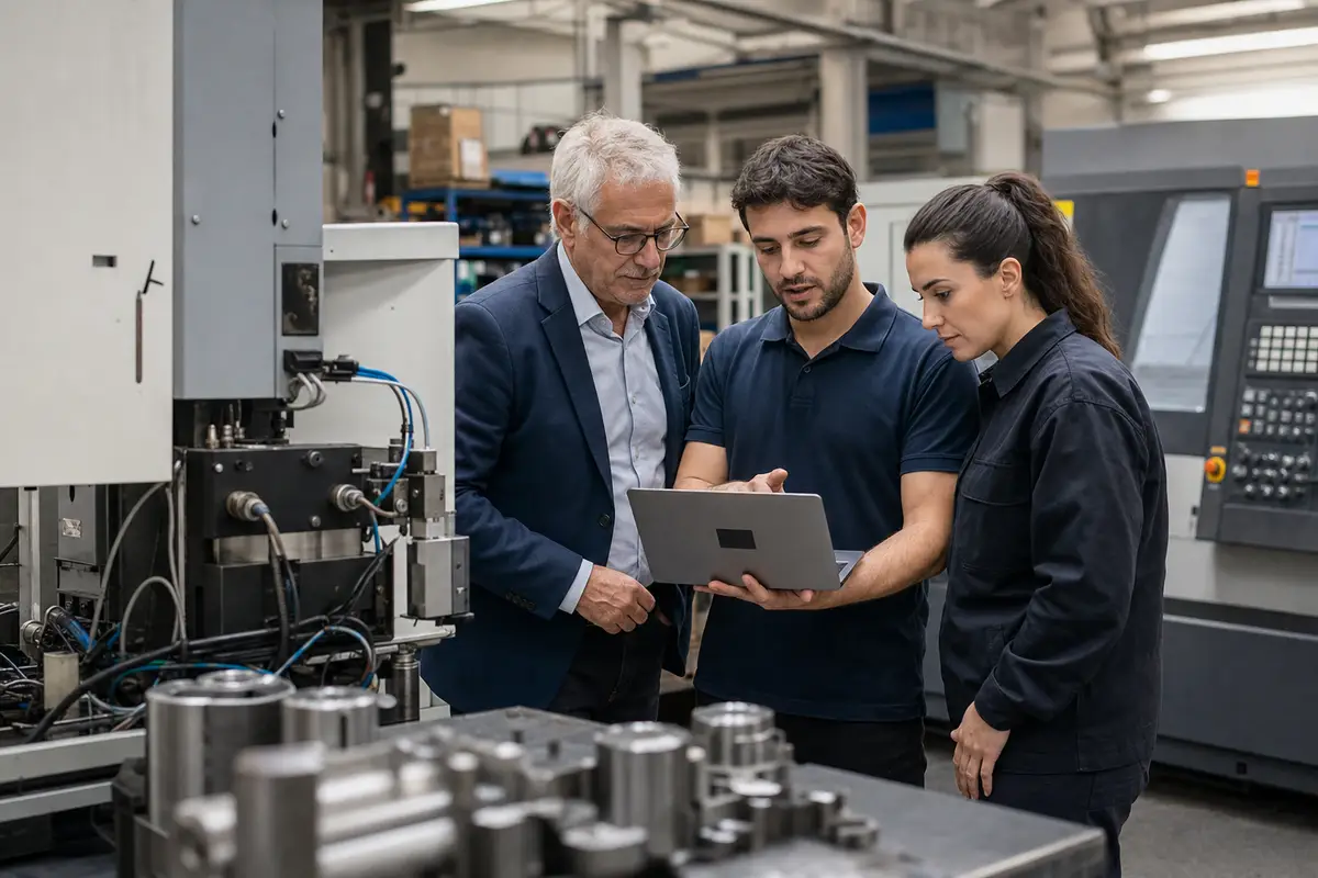 Tre professionisti in officina meccanica osservano un laptop accanto a una macchina CNC