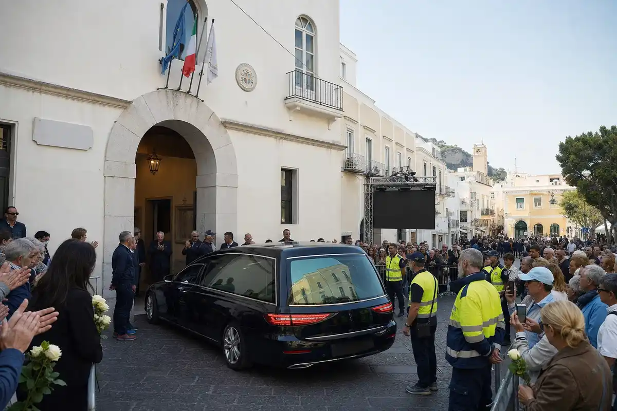 Carro funebre davanti al municipio, folla dietro le transenne e volontari con pettorine gialle in piazza