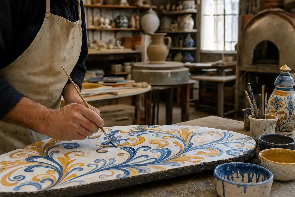 Mani di un artigiano che decora a pennello una grande lastra in ceramica con motivi blu e ocra in bottega