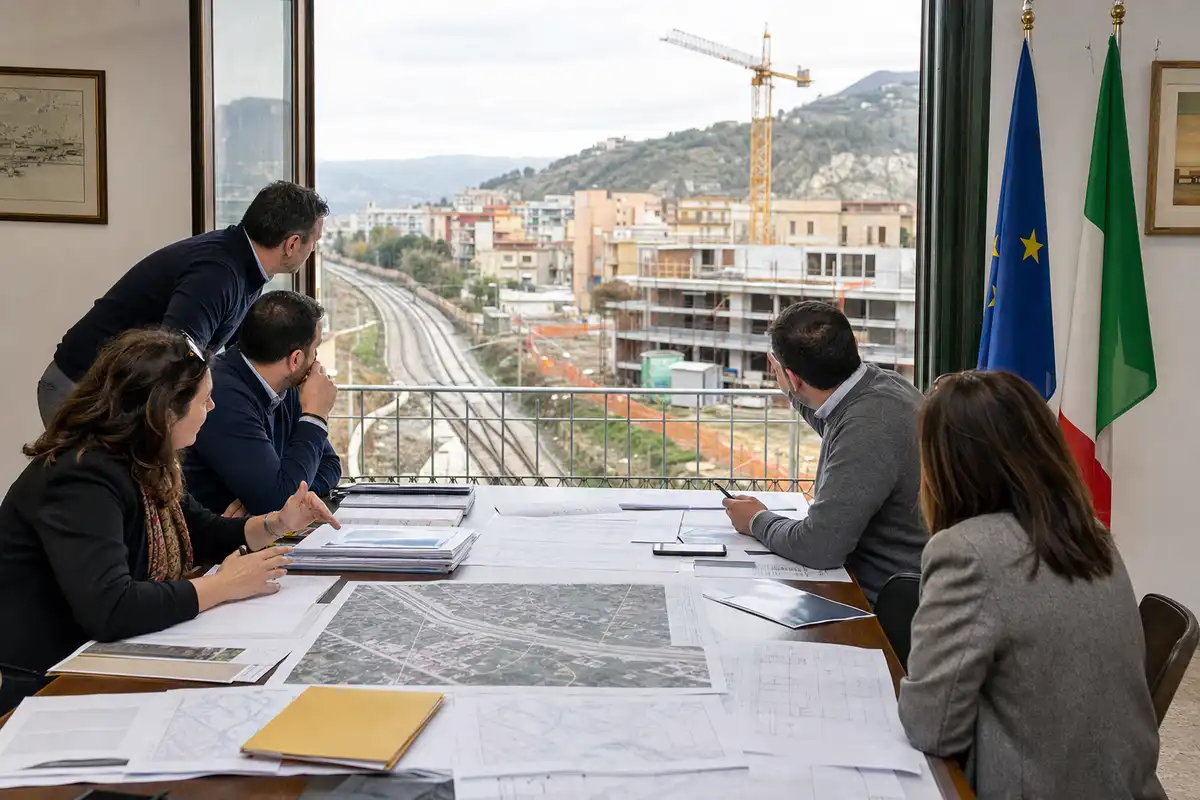 Tecnici e amministratori attorno a un tavolo con mappe e progetti, con cantiere e binari ferroviari fuori dalla finestra