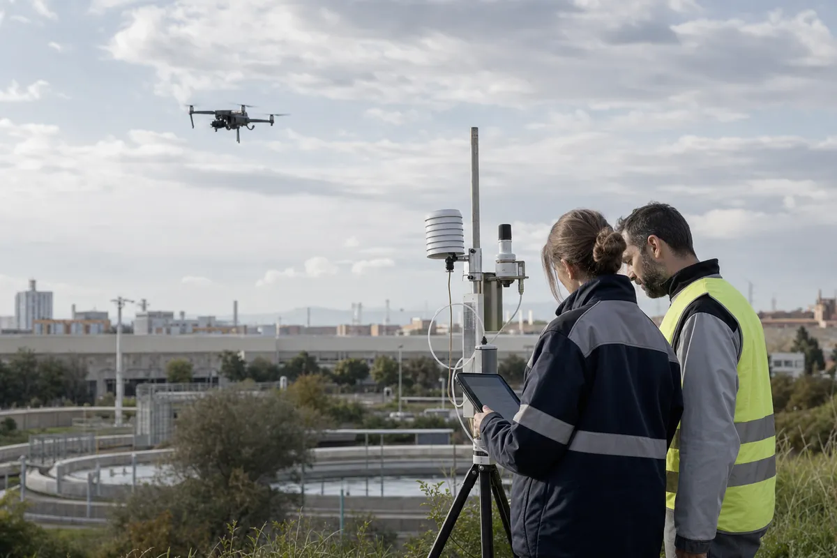 Due tecnici controllano un sensore su treppiede con tablet, mentre un drone vola sopra un impianto di depurazione