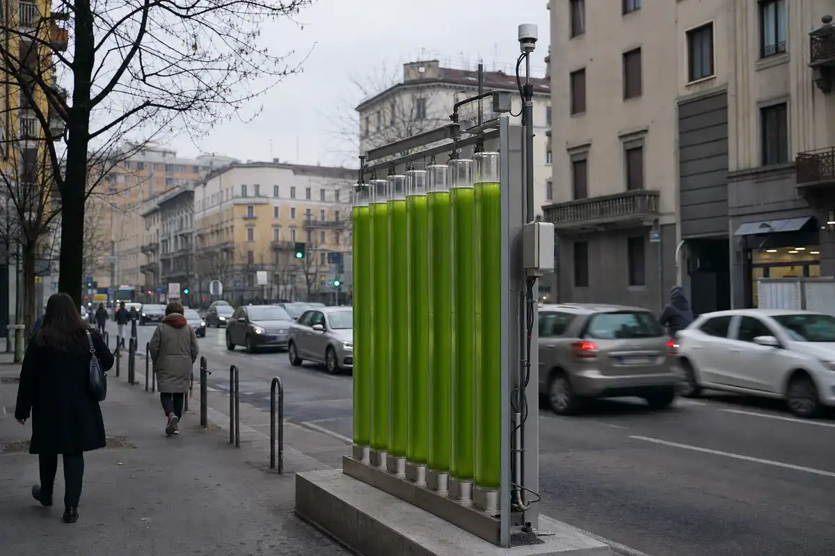 Installazione con tubi di vetro pieni di microalghe verdi sul marciapiede, con traffico e palazzi sullo sfondo