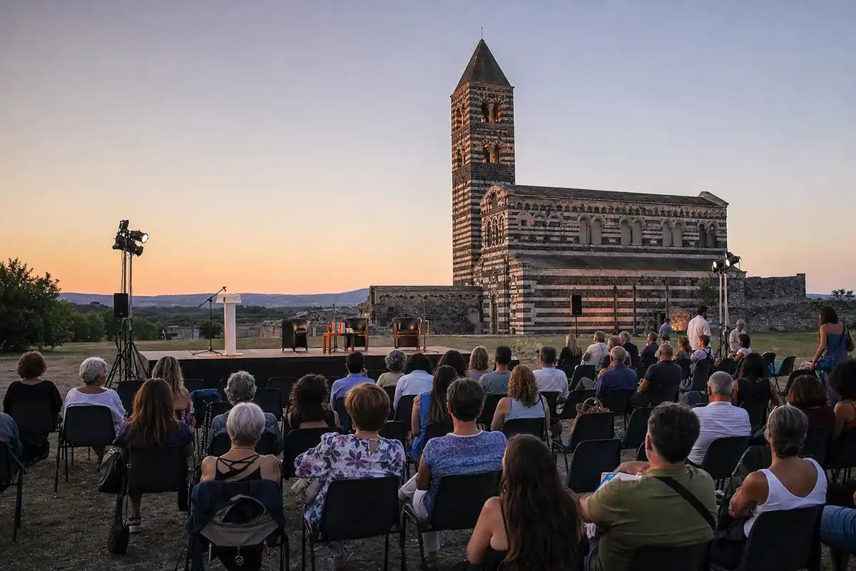 Pubblico seduto davanti a un palco all’aperto al tramonto, con una basilica romanica sullo sfondo
