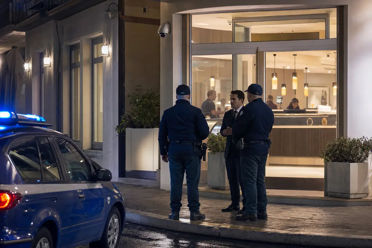 Agenti di polizia davanti all’ingresso di un hotel di notte, con auto di servizio e luci blu sullo sfondo
