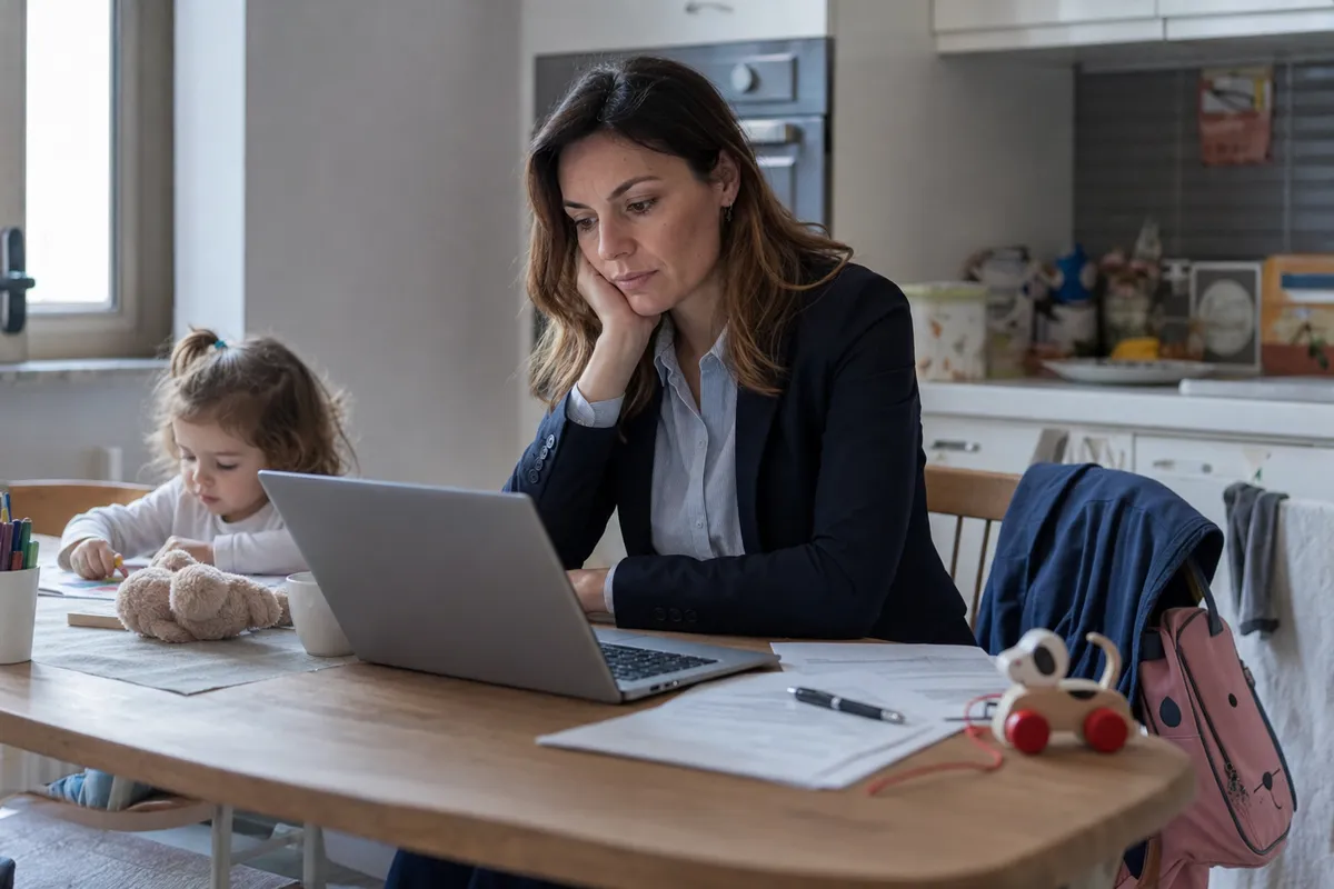 Madre al tavolo della cucina con laptop e documenti, mentre una bambina disegna accanto a lei