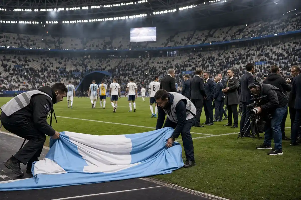 Addetti alla sicurezza piegano un grande striscione azzurro e bianco a bordo campo dopo una partita internazionale