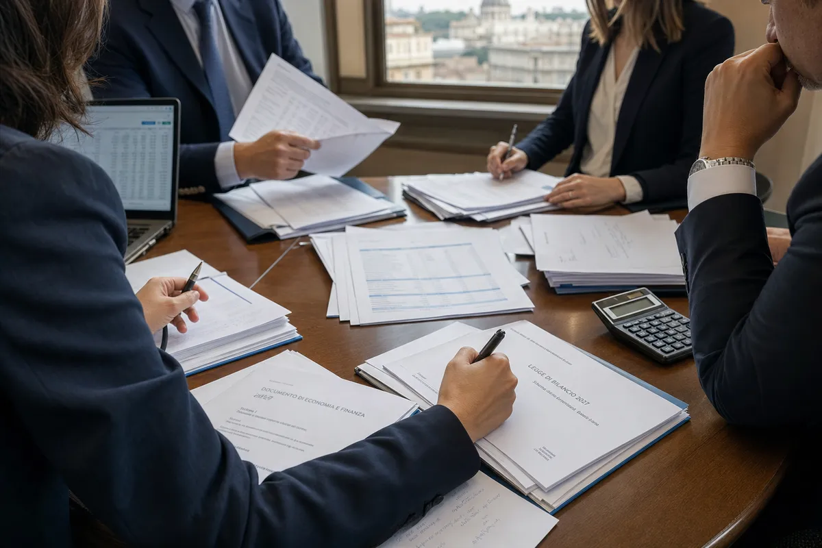 Funzionari in riunione attorno a un tavolo con documenti sulla legge di Bilancio 2027, laptop e calcolatrice