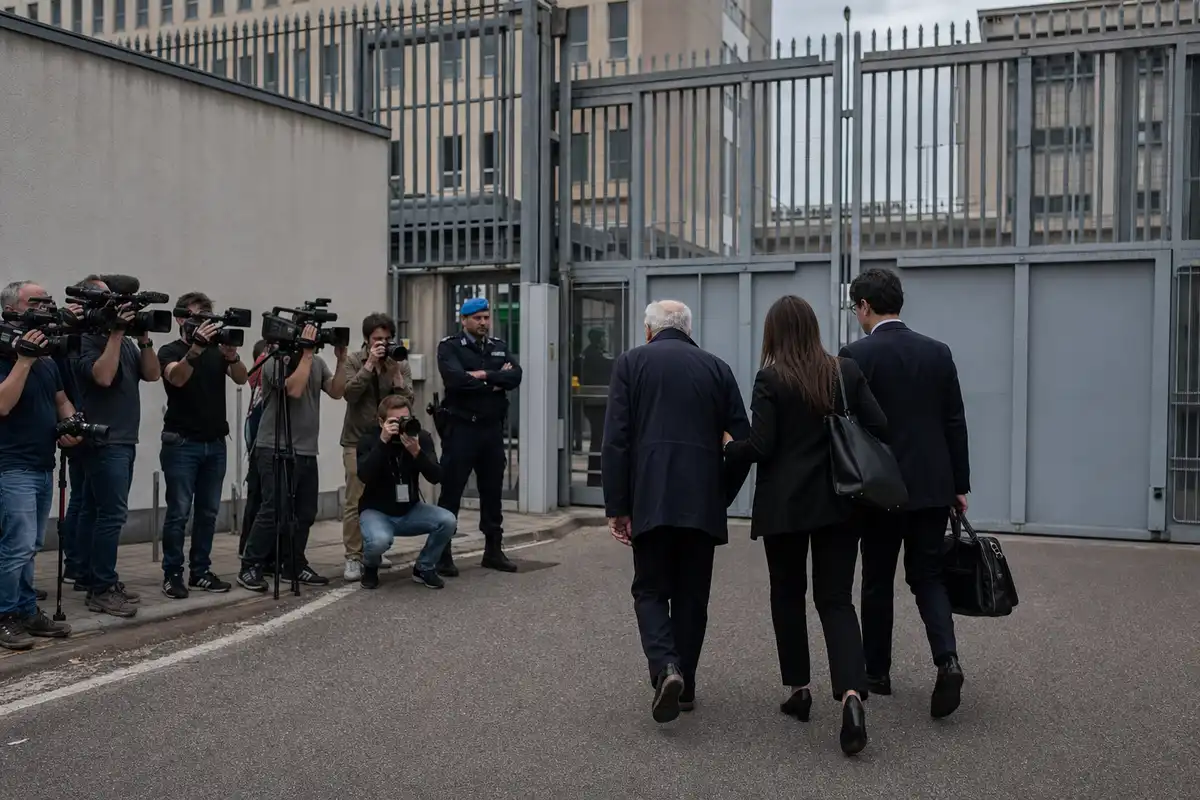 Uomo anziano accompagnato da due persone verso il cancello di un carcere, con giornalisti e telecamere sul lato