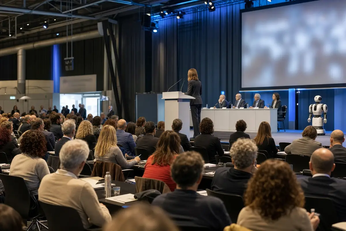 Sala congressi con pubblico di delegati e una relatrice al podio; sul palco anche un robot umanoide esposto