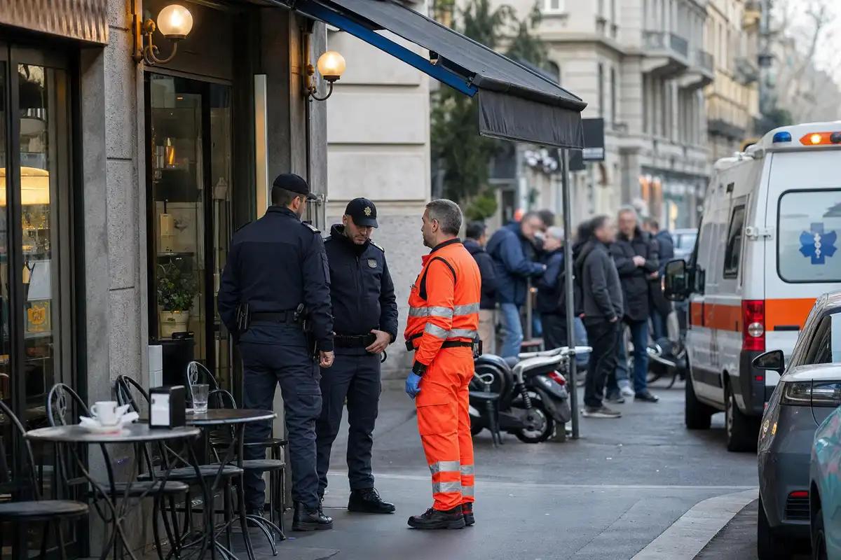 Poliziotti e soccorritore davanti all’ingresso di un bar, con ambulanza parcheggiata e passanti sullo sfondo