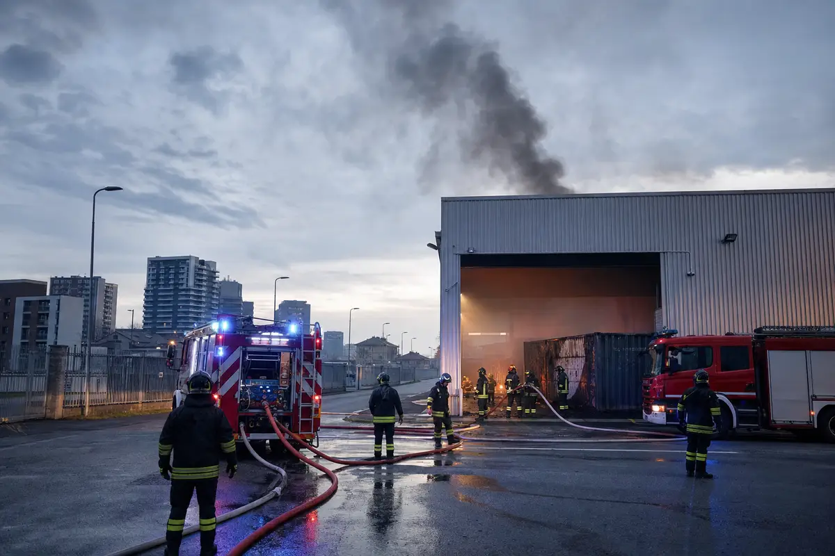 Vigili del fuoco con autobotti e manichette davanti a un capannone industriale con fumo nero al tramonto