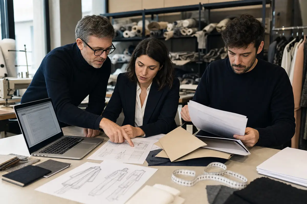 Tre professionisti in atelier moda esaminano bozzetti, tessuti e documenti su un tavolo con laptop e metro da sarta