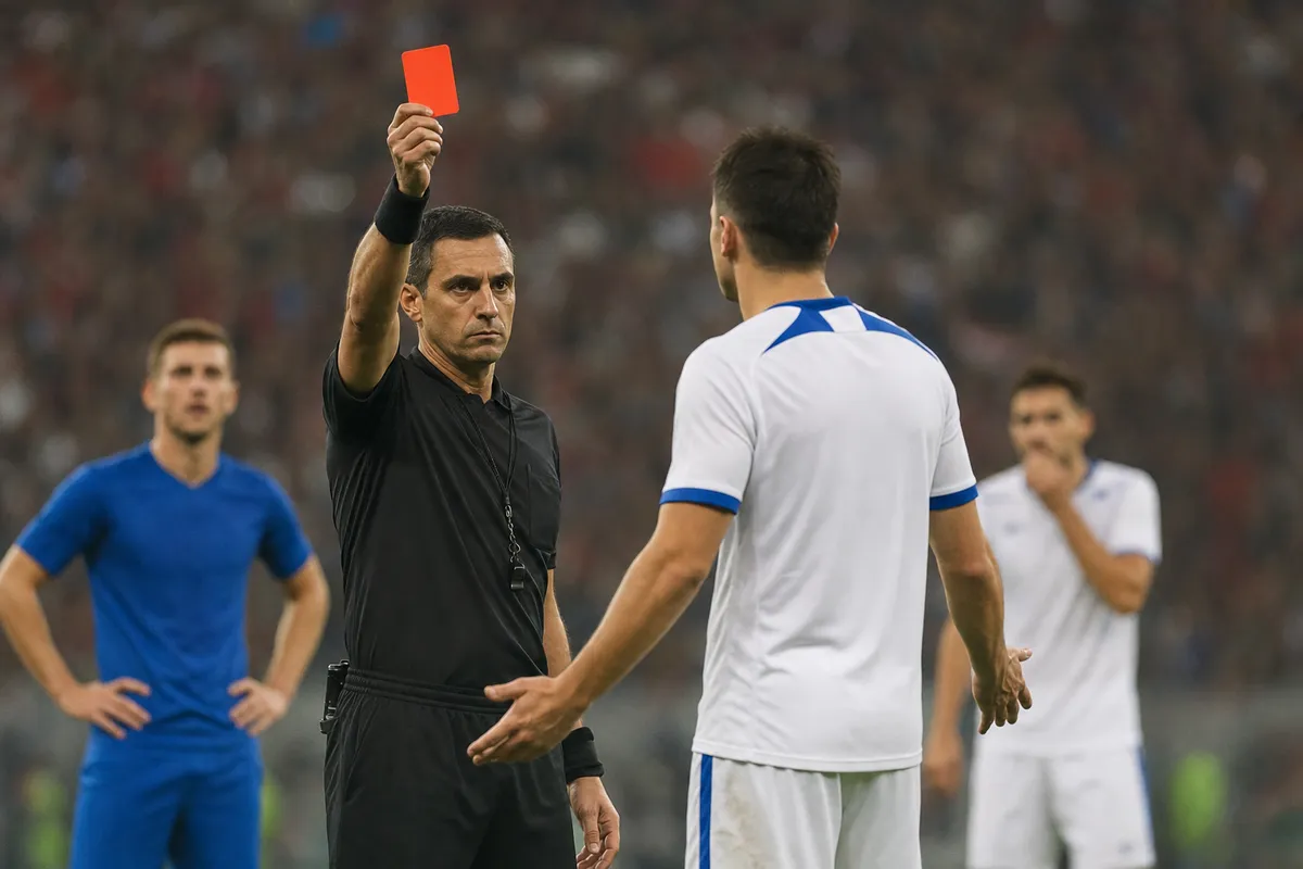 Arbitro mostra un cartellino rosso a un calciatore in maglia bianca e blu durante una partita in uno stadio
