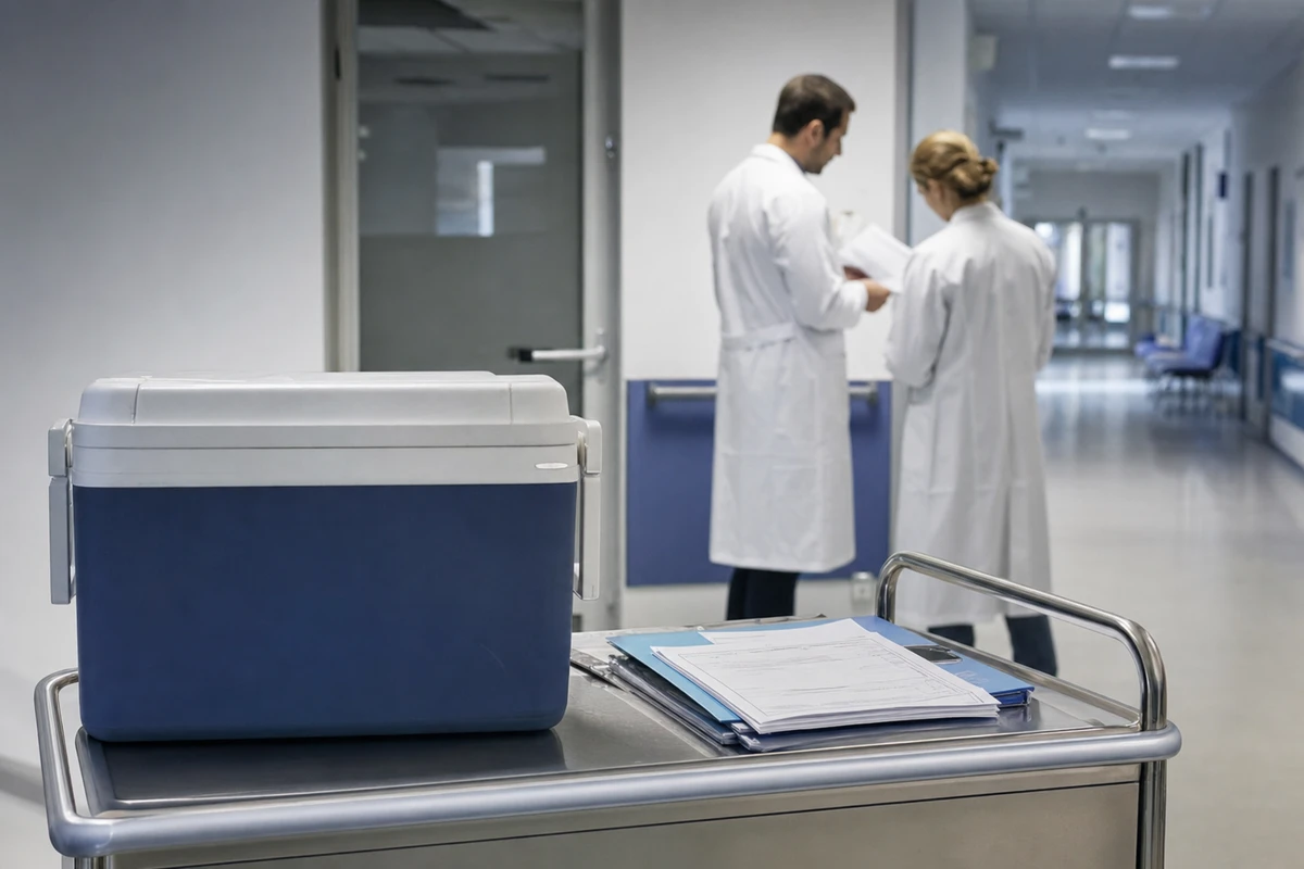 Contenitore medico su carrello con fascicoli, in corridoio ospedaliero; due medici sullo sfondo consultano documenti