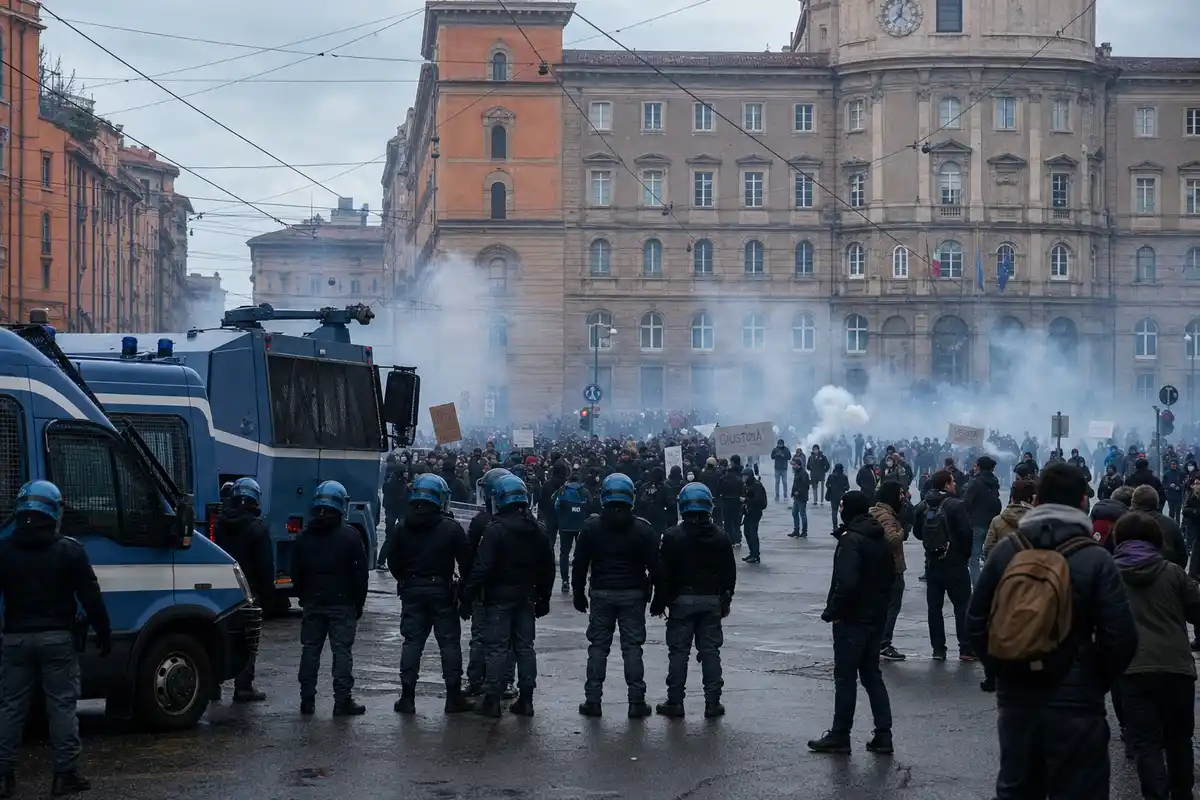 Polizia in tenuta antisommossa davanti a camionette e idrante in una piazza con manifestanti e fumo