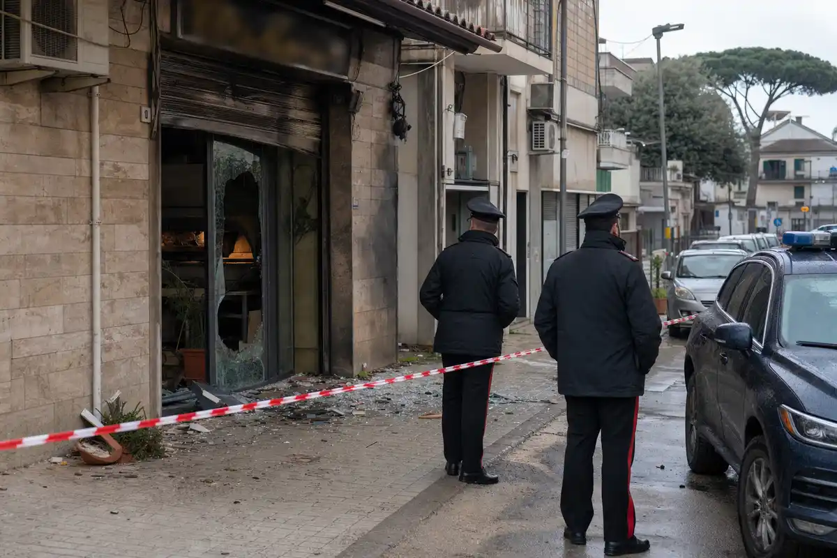 Carabinieri davanti a un negozio con vetrata in frantumi e serranda danneggiata, area delimitata da nastro