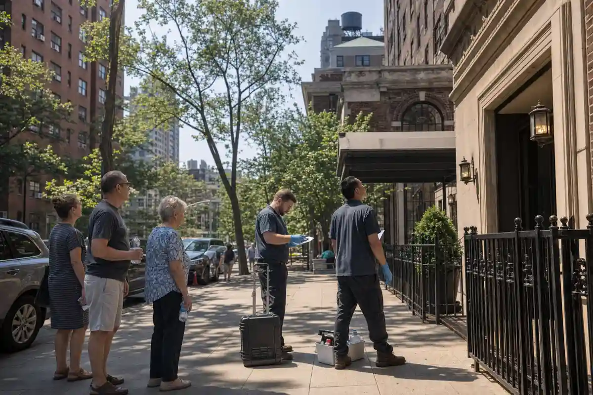Tecnici con guanti e attrezzatura per campionamenti davanti a un palazzo a Manhattan, con residenti in attesa