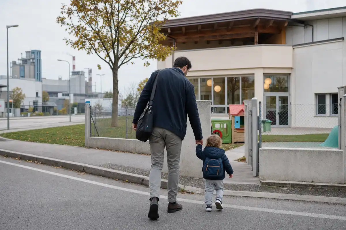 Genitore con borsa da lavoro accompagna un bambino con zainetto verso l’ingresso di un asilo nido