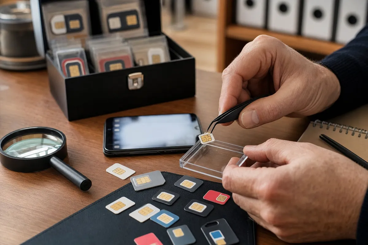 Mani che maneggiano una scheda SIM con pinzette su una scrivania, accanto a smartphone, lente e altre SIM