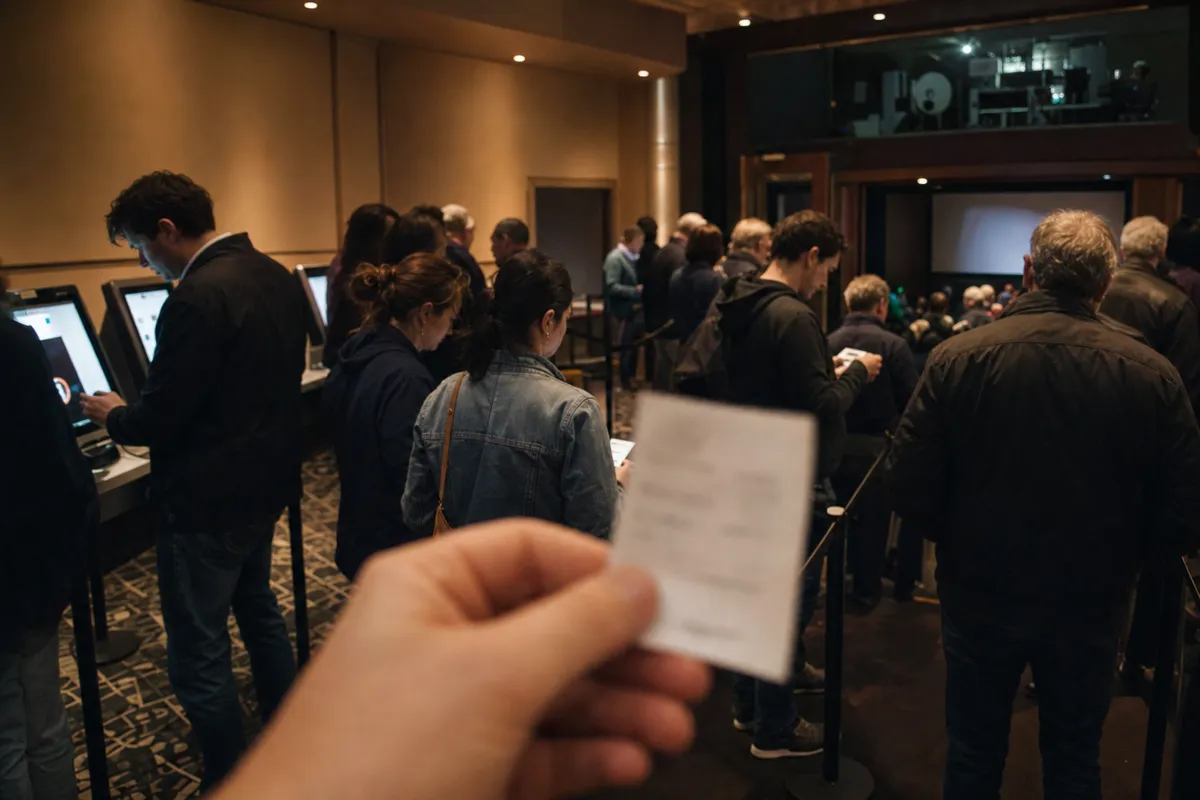Biglietto del cinema in primo piano e fila di spettatori in una hall con chioschi per i ticket