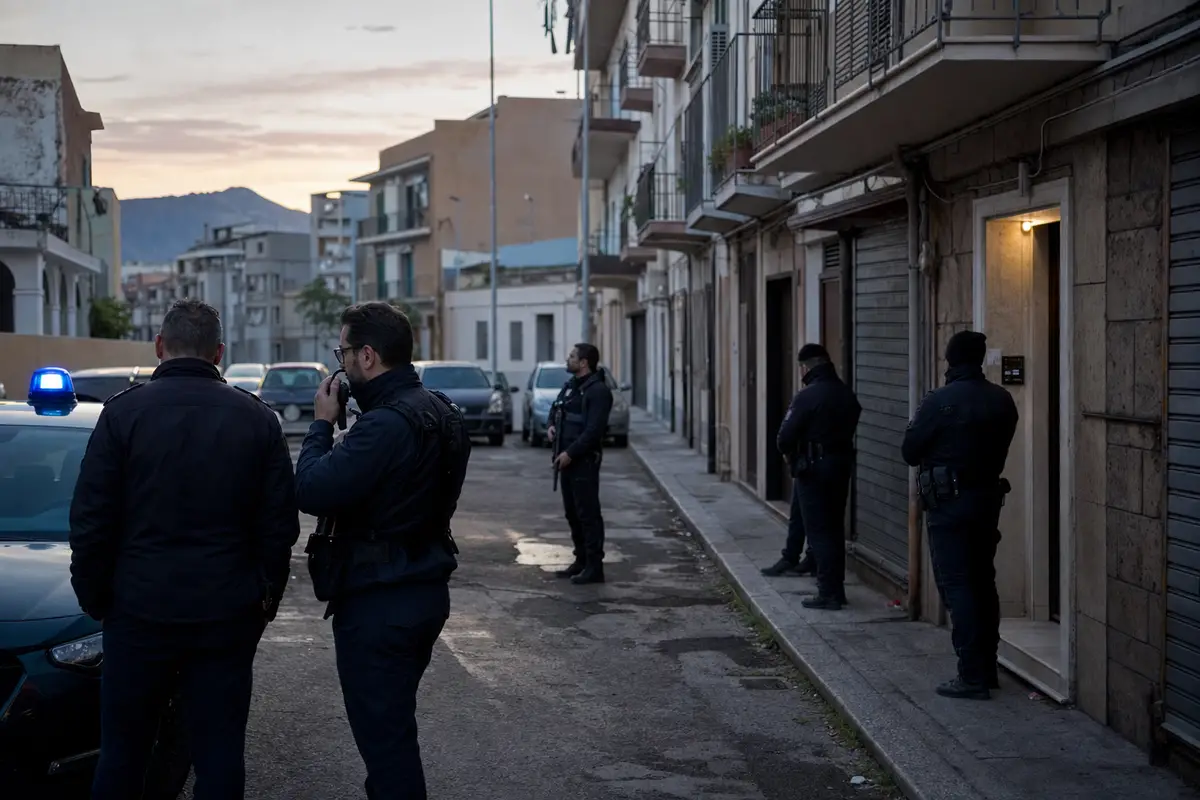 Agenti in divisa scura in una strada residenziale all’alba, vicino a un’auto con luce blu e a un portone