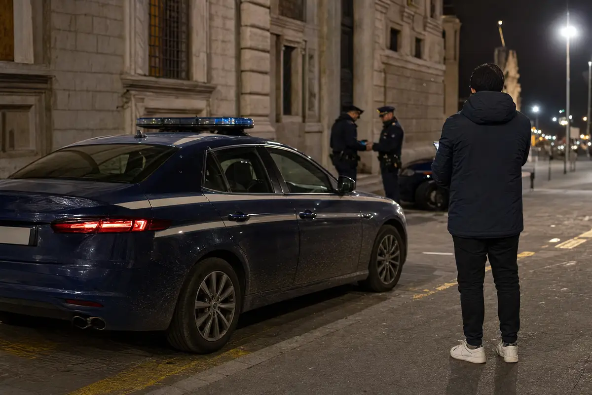 Auto di servizio blu parcheggiata di notte davanti a un edificio in pietra, con un uomo di spalle che usa lo smartphone