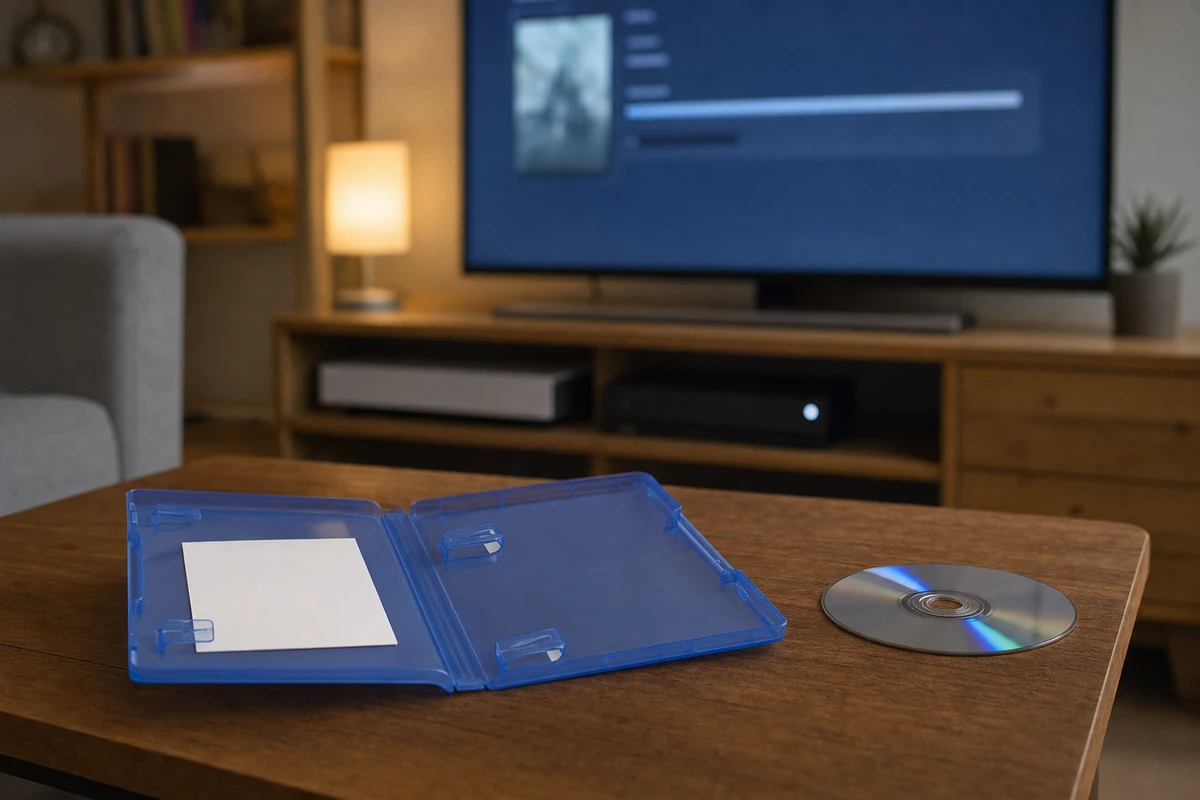 Custodia di videogioco aperta con scheda bianca al posto del disco e un CD su un tavolo, TV sfocata sullo sfondo