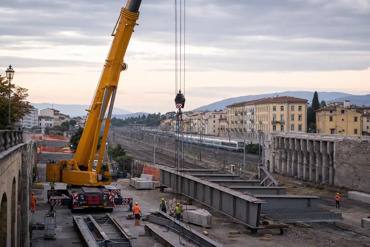 Grande gru gialla e operai in cantiere ferroviario con travi metalliche del ponte rimosso lungo i binari