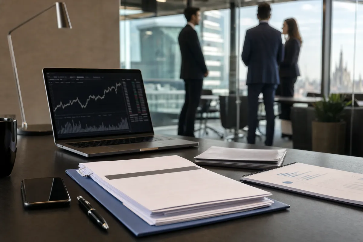 Scrivania con laptop con grafici di Borsa, dossier cartaceo e smartphone; sullo sfondo manager in riunione