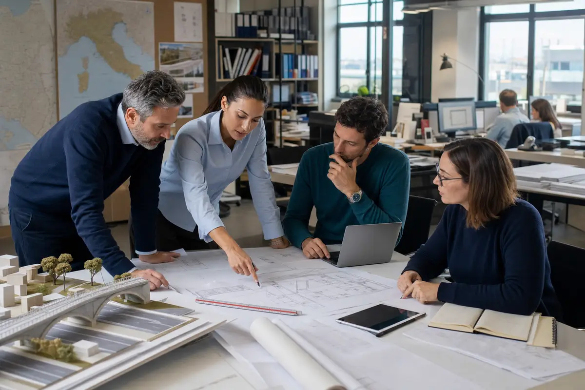 Team di ingegneri e architetti in ufficio che analizza planimetrie su un tavolo con laptop e plastico di ponte