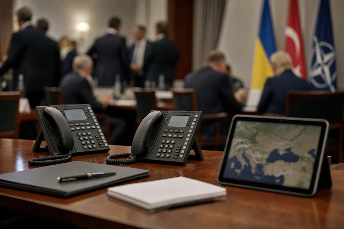 Due telefoni da conferenza su un tavolo, con tablet che mostra una mappa e diplomatici sfocati sullo sfondo