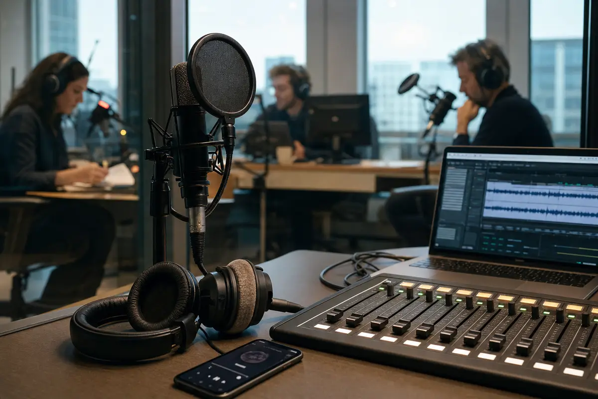 Microfono da studio con pop filter, cuffie, mixer audio e laptop con tracce waveform in una redazione radiofonica