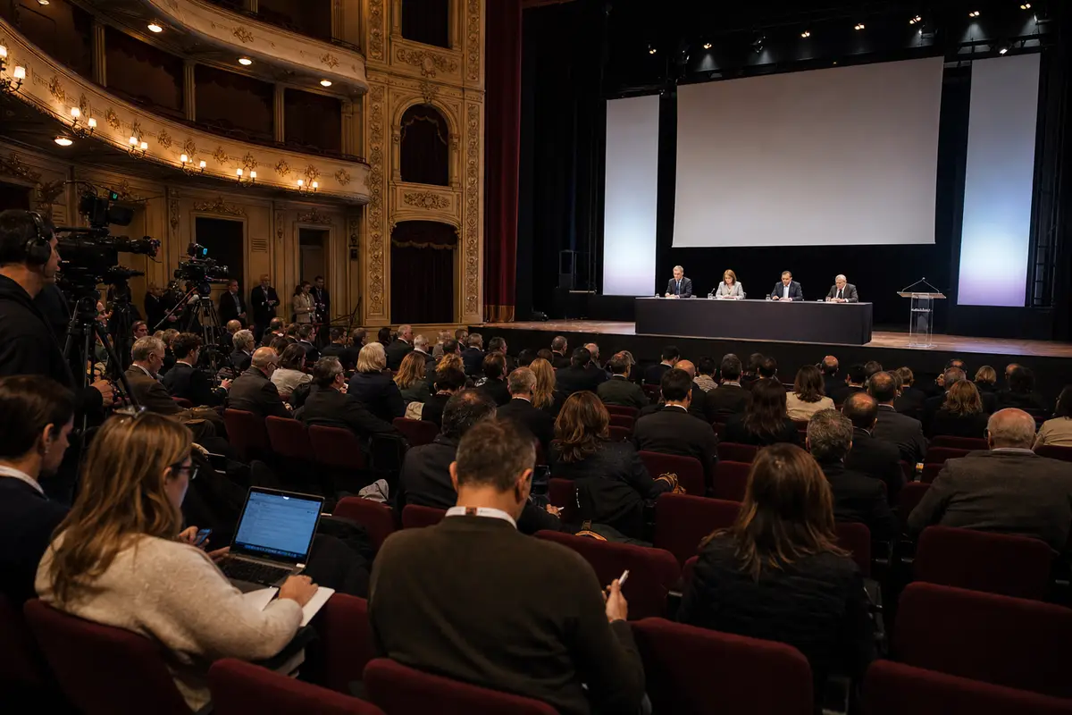 Sala teatrale con pubblico e telecamere rivolte a un palco con tavolo di relatori e grande schermo