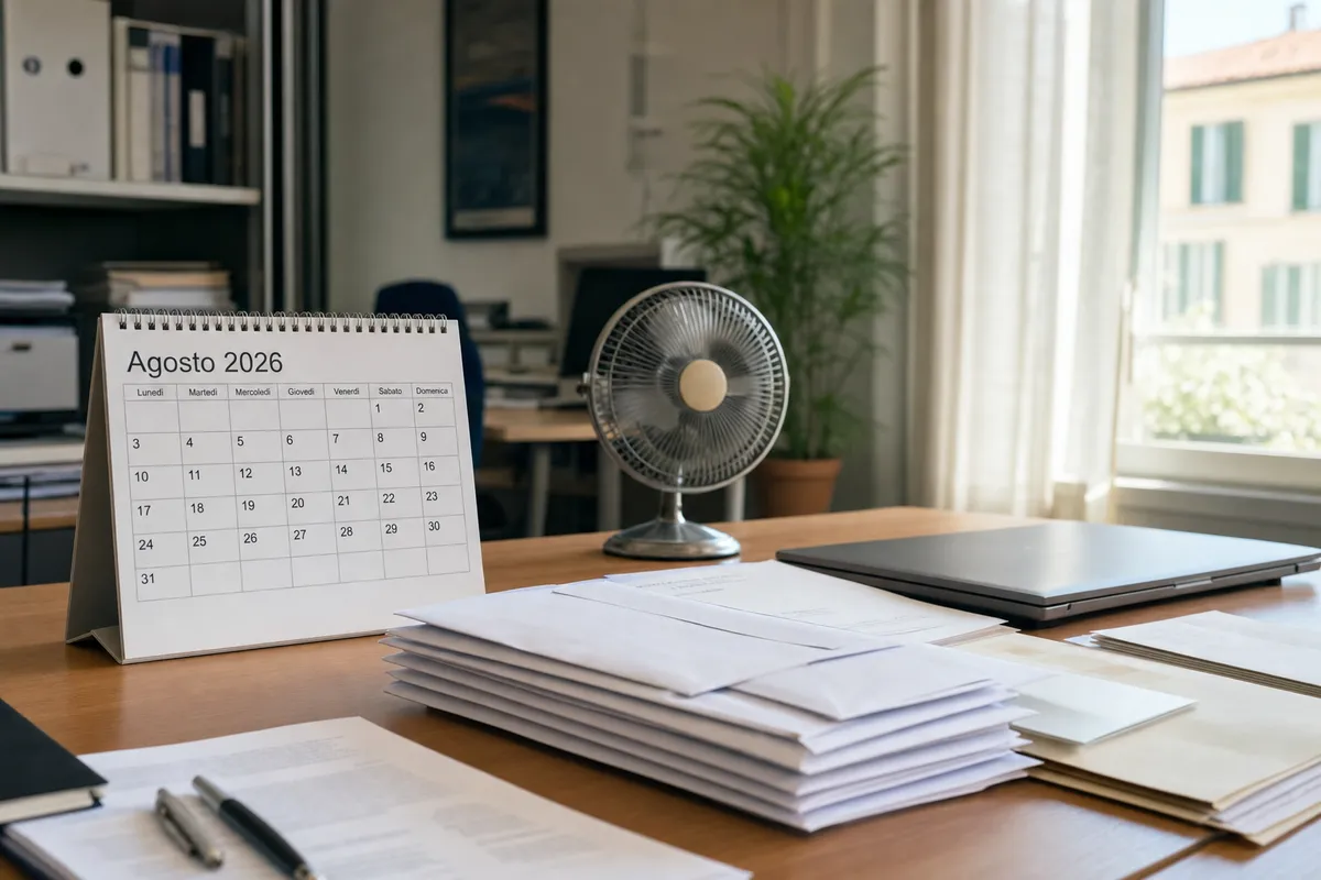 Calendario da tavolo “Agosto 2026” accanto a pile di buste e documenti su una scrivania d’ufficio illuminata dal sole