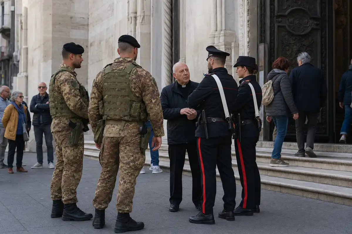Soldati e carabinieri parlano con un custode davanti all’ingresso di una cattedrale, con passanti sui gradini