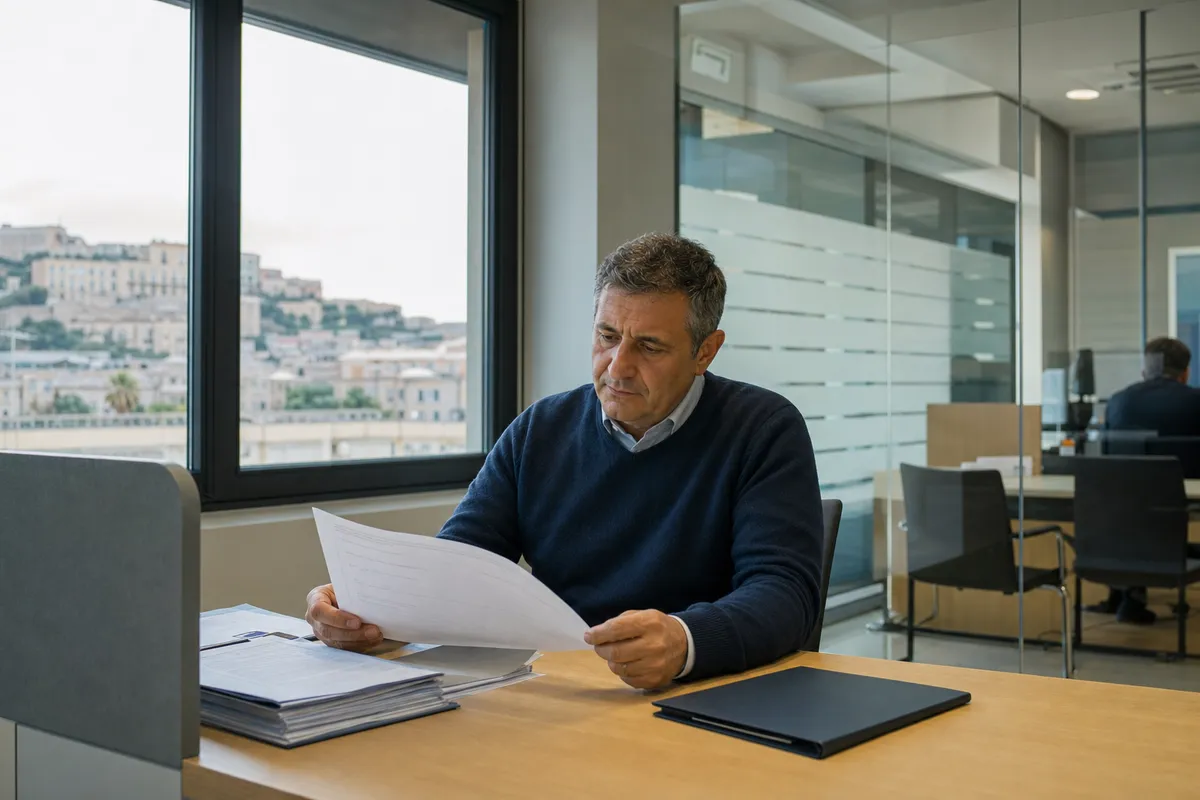 Uomo seduto in un ufficio bancario legge documenti al tavolo, con una cartellina chiusa e vista sulla città