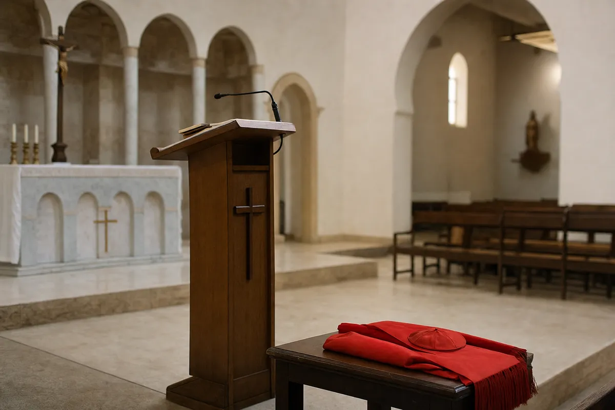 Leggio in legno in una chiesa vuota con fascia rossa e zucchetto su un tavolino vicino all’altare