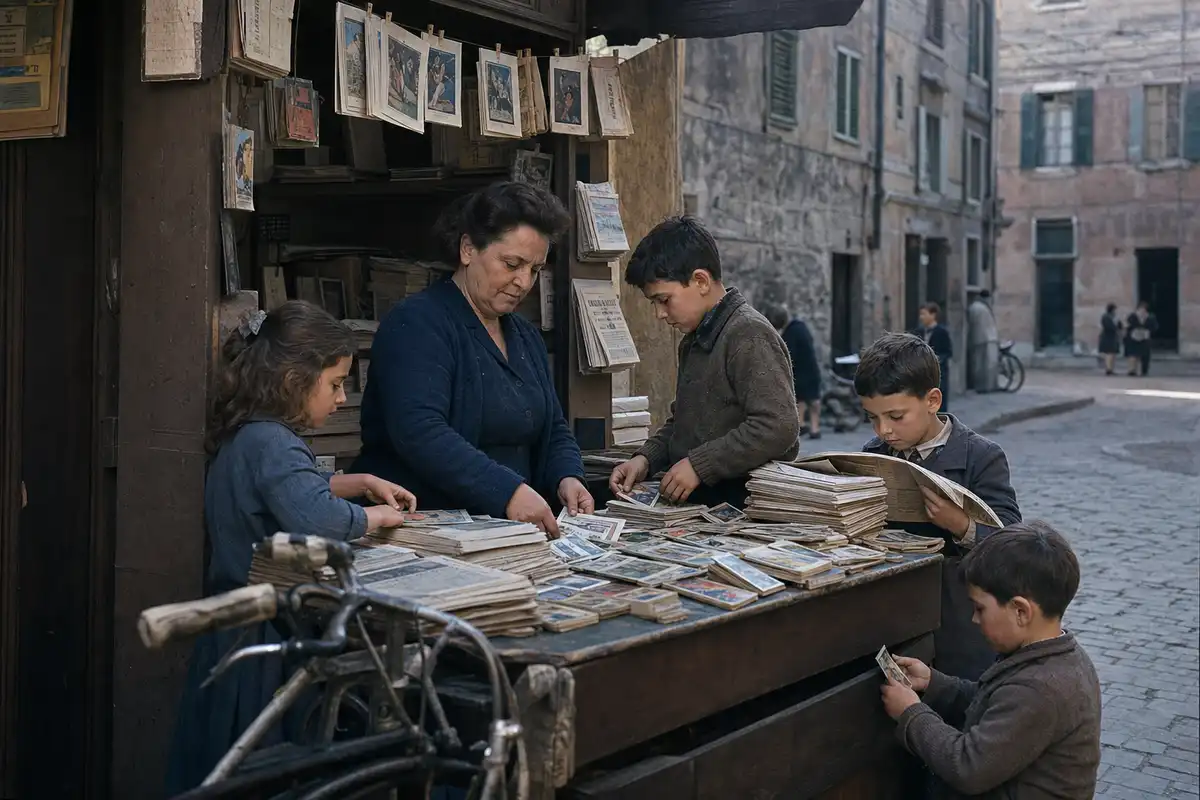 Donna e bambini sistemano giornali e figurine su un banco di edicola in una strada italiana d’epoca