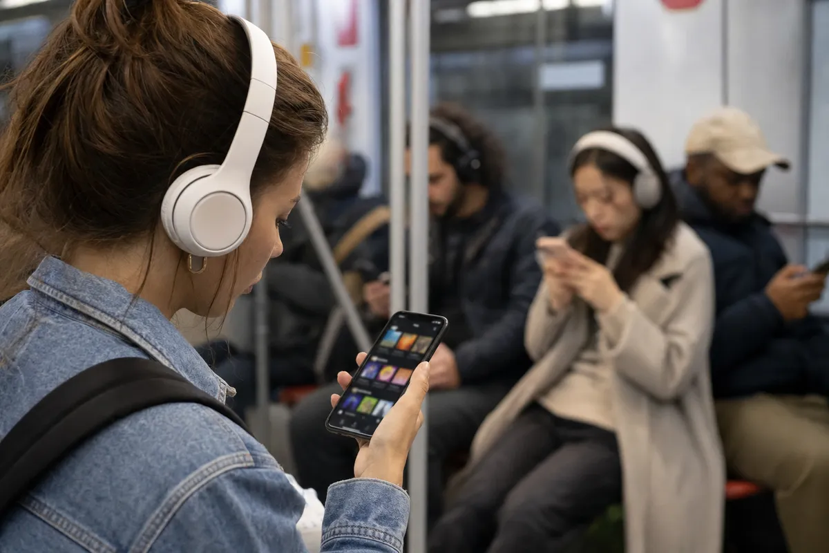 Ragazza con cuffie bianche in metropolitana guarda un’app di musica sullo smartphone, con pendolari sullo sfondo