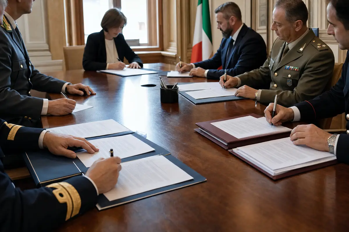 Rappresentanti in uniforme e funzionari in giacca e cravatta firmano documenti su un tavolo in una sala istituzionale
