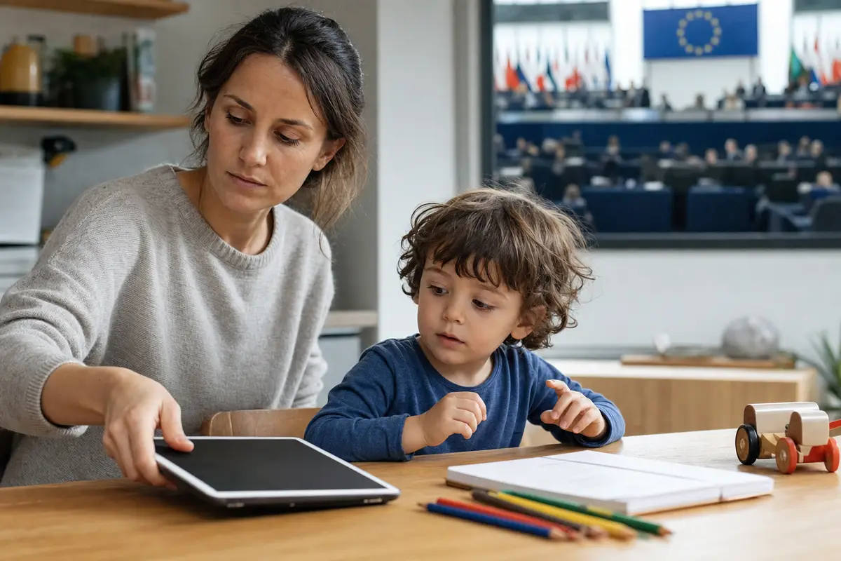 Genitore sposta via un tablet da un bambino al tavolo, con matite colorate e un giocattolo, TV sullo sfondo