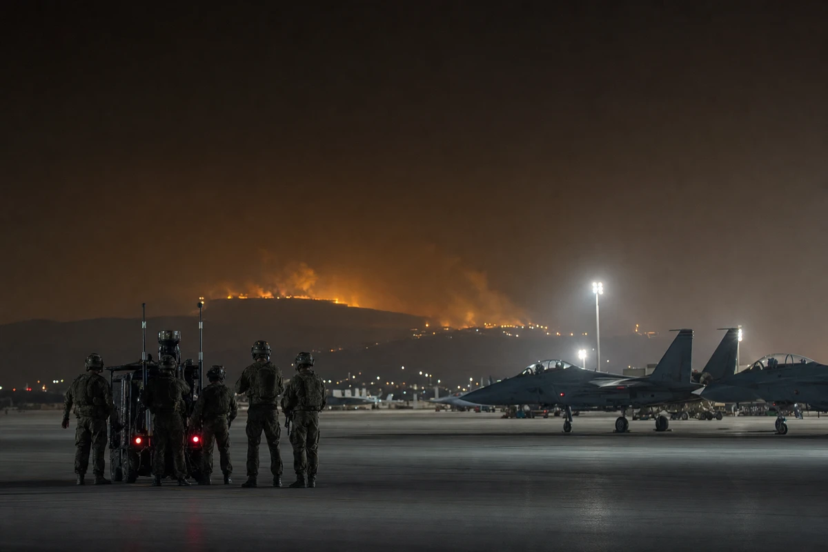 Militari su una pista di una base aerea di notte, con caccia parcheggiati e fumo all’orizzonte