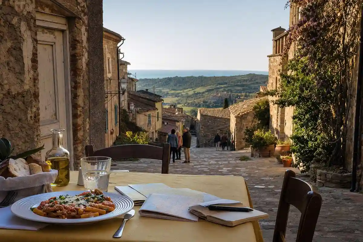 Tavolo di trattoria con pasta, pane e olio su una via in pietra di borgo, con colline e mare sullo sfondo